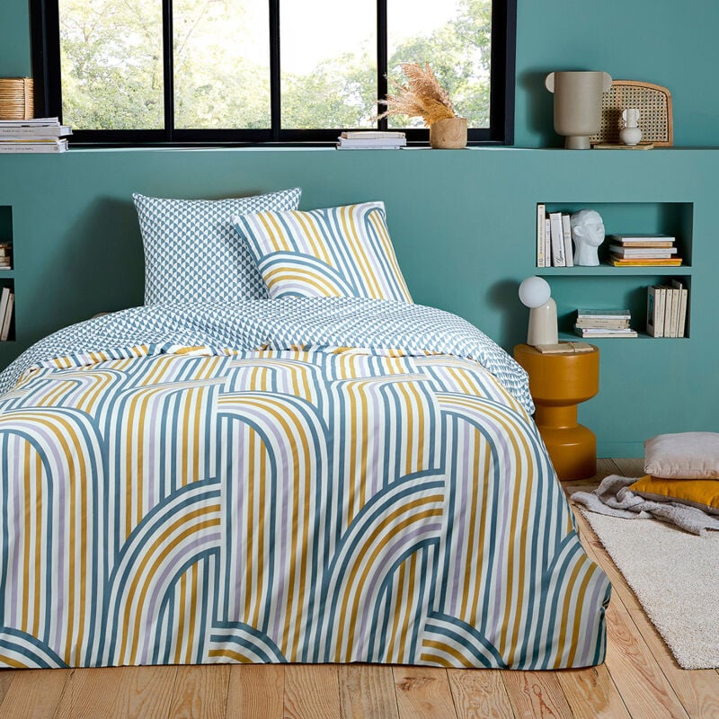 Parure de lit double arche en microfibre lavée Set de Housse de couette 260x240cm +2 Taies d'oreiller 63x63 cm avec Fermeture Boutons