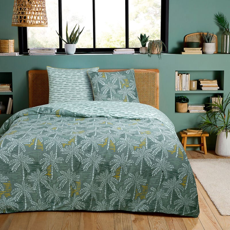 Future Home - Parure de lit double palmiers en microfibre lavée Set de Housse de couette 260x240cm +2 Taies d'oreiller 63x63 cm avec Fermeture Boutons