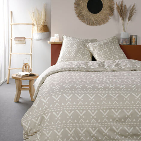 Parure de lit double imprimé aztèque en coton "Sunny" - Beige - 220 x 240 cm - Livraison gratuite