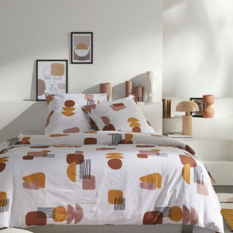 Parure de lit double "Retro Mood" en coton imprimé - Blanc/Terracotta - 220 x 240 cm - Livraison gratuite