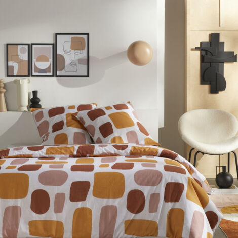 Parure de lit double "Retro Mood" en coton imprimé de formes - Blanc/Terracotta - 220 x 240 cm - Livraison gratuite