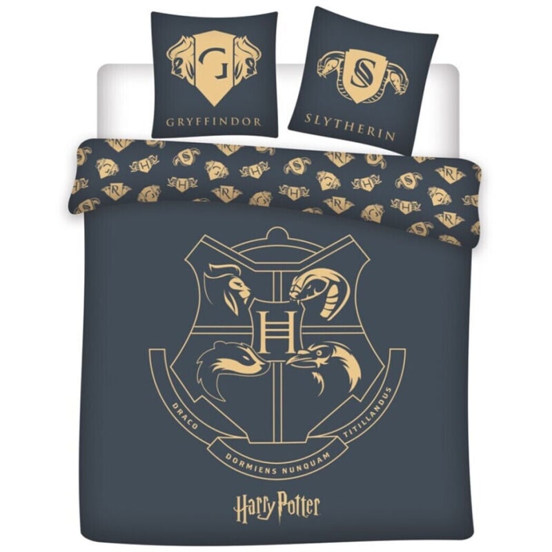 Parure de lit double réversible Harry Potter - Blason Hogwarts - Noir et Doré - 220 cm x 240 cm