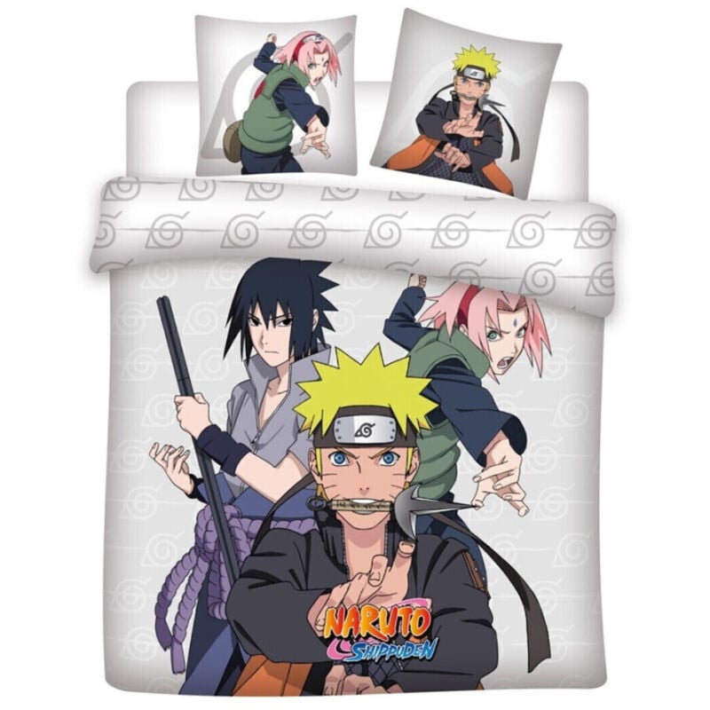 Parure de lit double réversible Naruto - Naruto, Sasuke et Sakura - Blanc - 220 cm x 240 cm