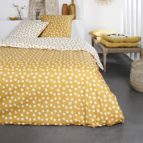 Parure de lit double réversible "Sunshine" en coton imprimé de pois - Jaune/Blanc - 240 x 260 cm - Livraison gratuite