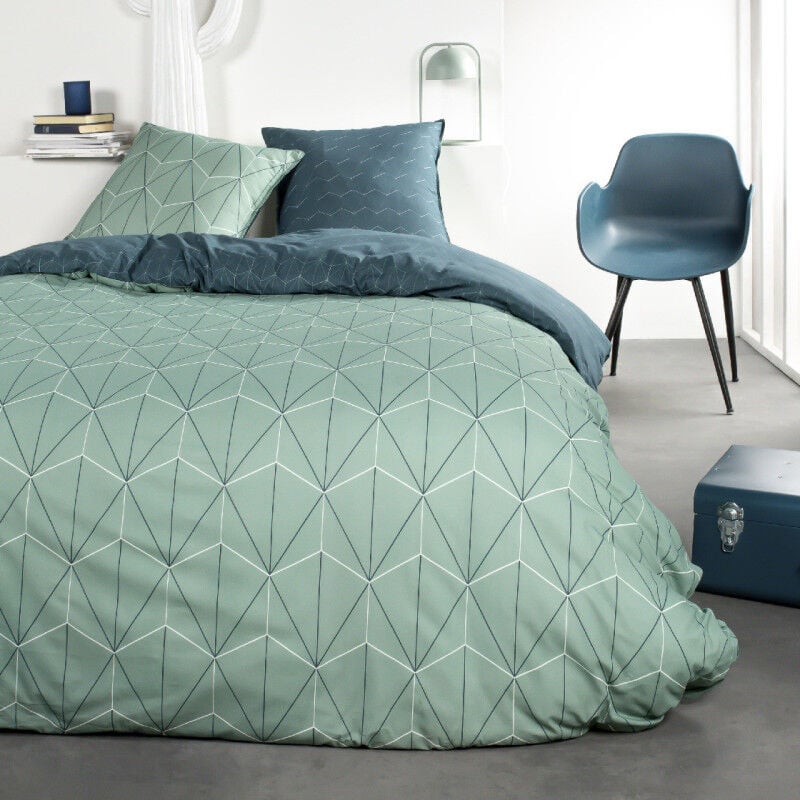 Parure de lit double réversible 'Sunshine' en coton imprimé géométriques - Vert - 240 x 220 cm - Livraison gratuite