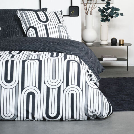 Parure de lit double réversible "Sunshine" en coton imprimé - Gris/Blanc - 240 x 260 cm - Livraison gratuite