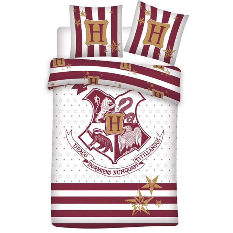 Parure de lit réversible Harry Potter - Blason Hogwarts - Blanche et Rouge - 140 cm x 200 cm