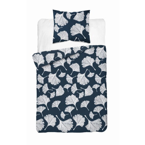 Parure de lit en coton 140x200 Fleurs Feuilles Bleu