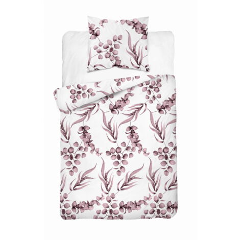 Parure de lit en coton 140x200 Fleurs Feuilles Rose chiné