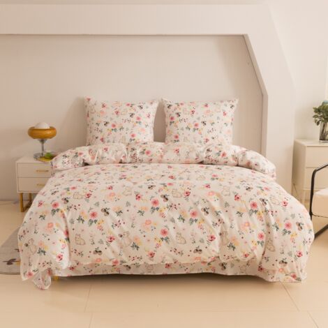 Parure de lit en coton 140x200 fleurs lapin
