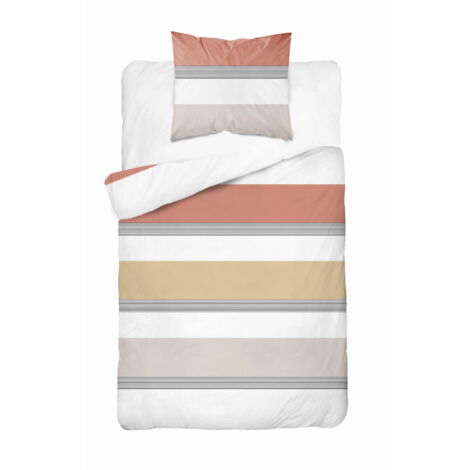 Parure de lit en coton 140x200 rayures beige orange