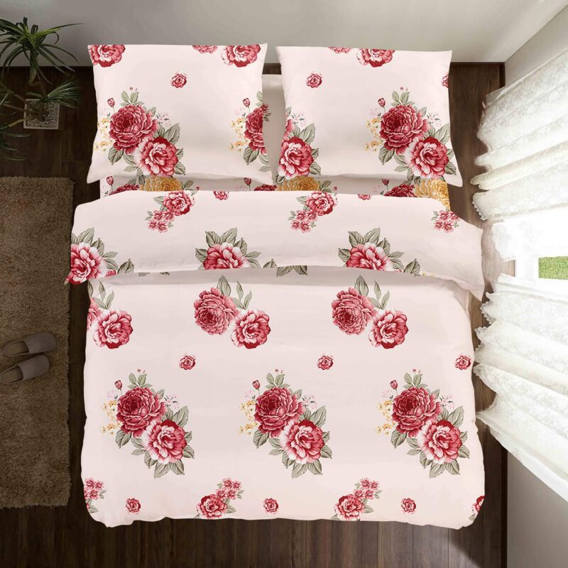 PARURE DE LIT EN COTON 160x200 FLEURS ROSE