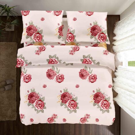 PARURE DE LIT EN COTON 160x200 FLEURS ROSE