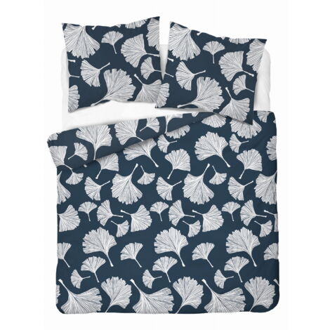 Parure de lit en coton 220x200 Fleurs Feuilles Bleu