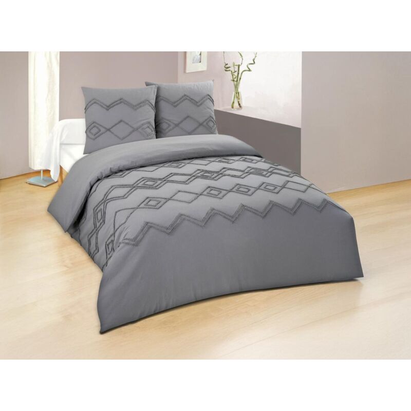 Vente-unique - Parure de lit en coton 57 fils/cm² - Housse de couette 240 x 260 cm + 2 taies d'oreiller 63 x 63 cm- Gris à motifs tuftés - izaura