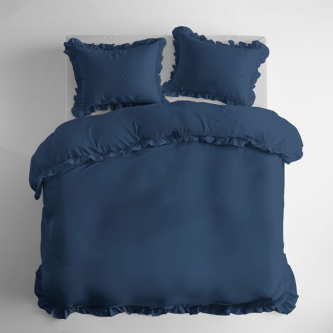 Parure de lit en coton à volants 160x200 3 pièces bleu marine denim