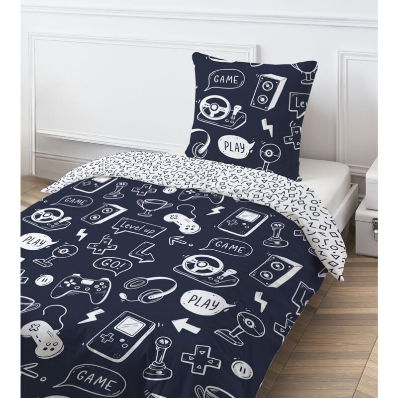 Parure de lit jeux vidéos en coton Set de Housse de couette 140x200cm +1 Taie d'oreiller 63x63 cm avec Fermeture Boutons