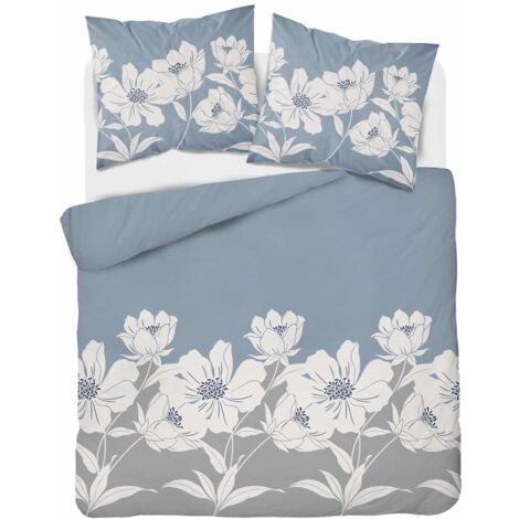 Parure de lit en flanelle 220x200 Fleurs Bleu Cendre