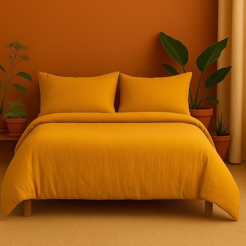 Promo Linge - Parure de Lit en Gaze de Coton 240 x 220 cm - jaune.