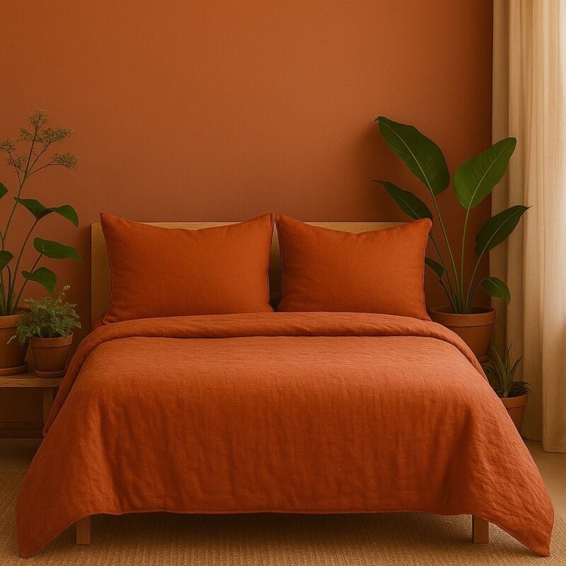 Promo Linge - Parure de Lit en Gaze de Coton 240 x 220 cm - rouge .