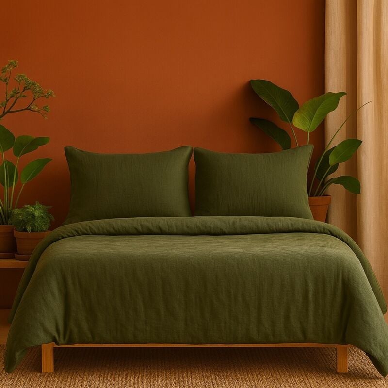Parure de Lit en Gaze de Coton 240 x 220 cm - Vert .