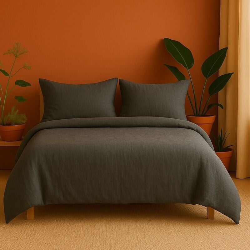 Promo Linge - Parure de Lit en Gaze de Coton 240 x 220 cm - anthracite .