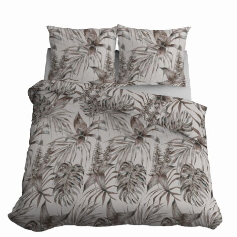 Parure de lit en satin 220x200 Feuilles Beige Cendre