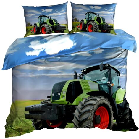 Parure de lit en satin de coton 3D 160x200cm TRACTEUR VERT