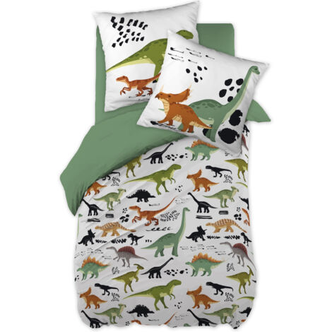 Parure de lit enfant 140x200 cm – 100% coton doux – Motif dinosaures colorés – Réversible vert sauge – Lavable en machine à 40°C – L'Effet Papillon