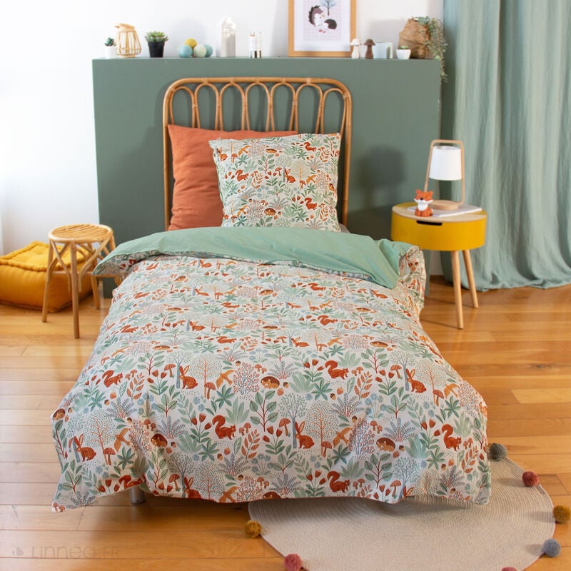 Parure de lit enfant 140x200cm PIERROT pur coton BCI MIG vert 2 pièces