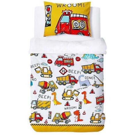 Parure de lit enfant - Dinosaures et engins de chantier - Housse de couette 135x200 cm + 1 taie d'oreiller 50x75 cm