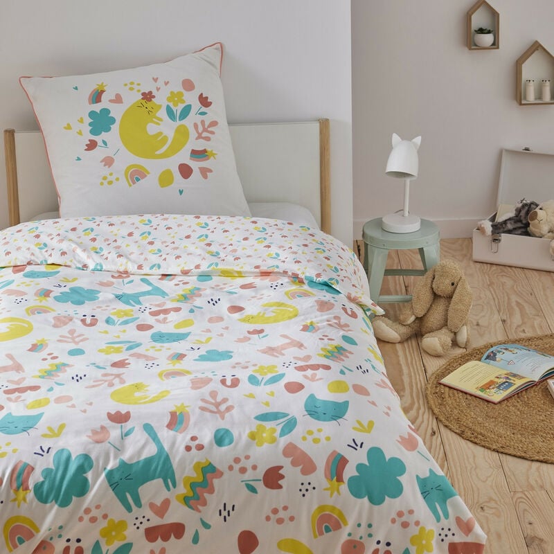 Future Home - Parure de lit 2 pièces Enfant 1 personne Fille chat réversible fleurie +1 Taie d'oreiller 63x63 cm avec Fermeture Boutons