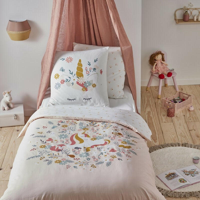 Future Home - Parure de lit 2 pièces Enfant 1 personne Fille en coton 57 fils imprimé Licorne rose +1 Taie d'oreiller 63x63 cm avec Fermeture Boutons