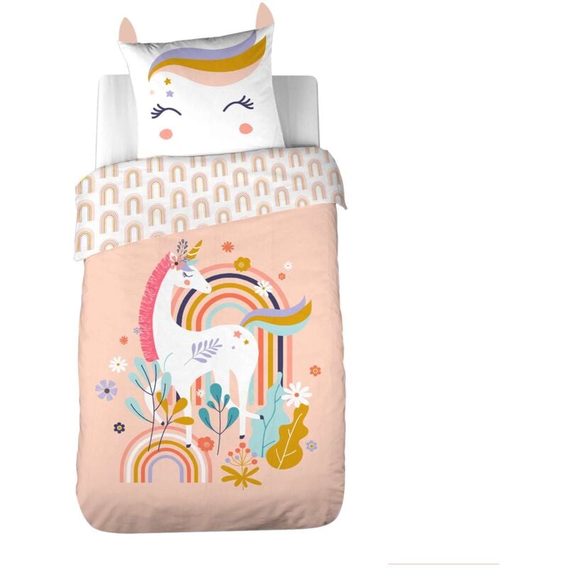 Parure de lit enfant Licorne avec oreilles rembourrées - 100% coton 57 fils/cm²