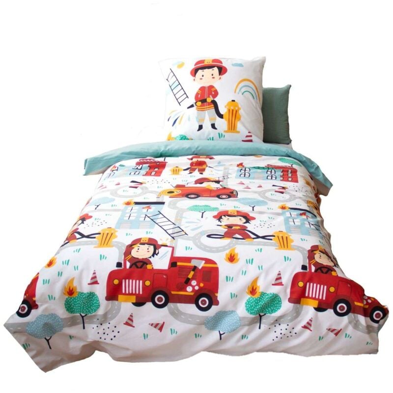 Côté Déco - Parure de lit enfant Pompier - 100% coton adouci 57 fils