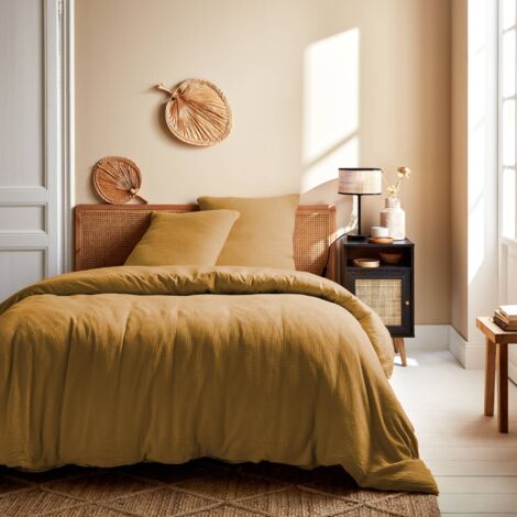 Parure de lit gaze de coton 2 places miel Alix 240 x 220 cm