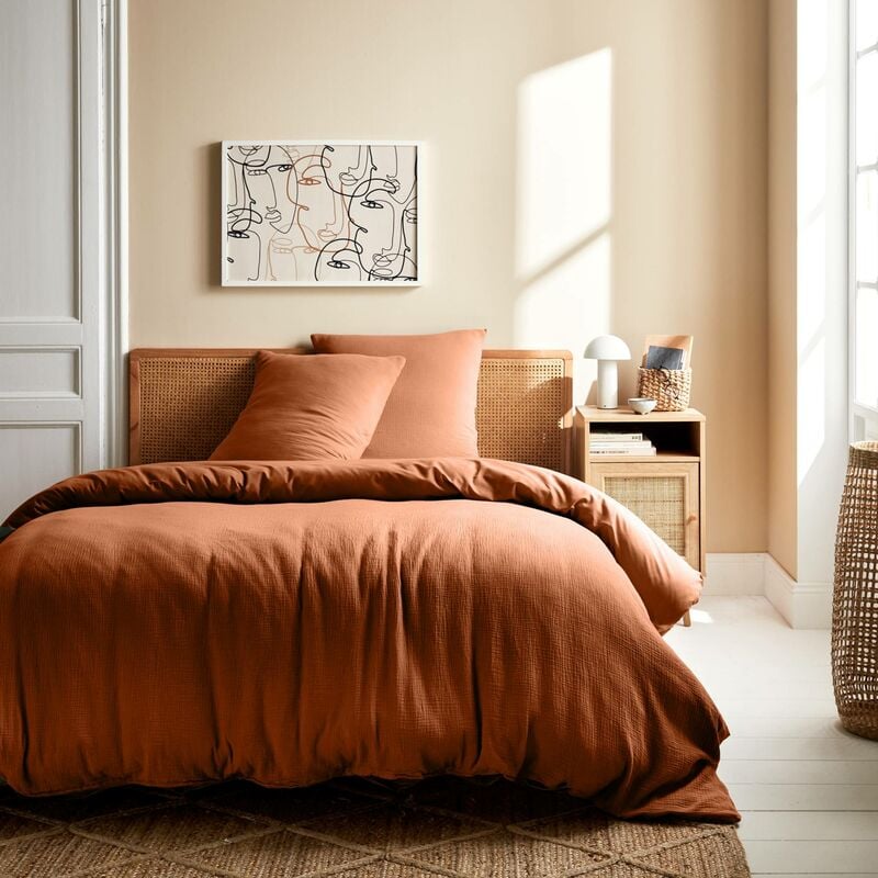 Parure de lit gaze de coton terracotta avec taie d'oreiller 260x240 cm