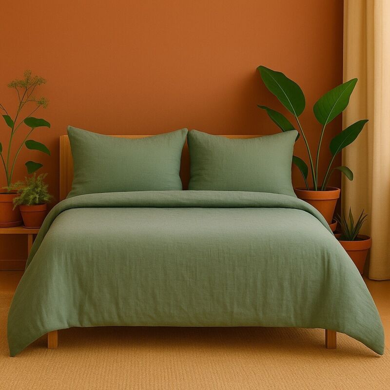 Promo Linge - Parure de lit en Gaze de Coton 240x260cm - 260x240cm - Sauge.