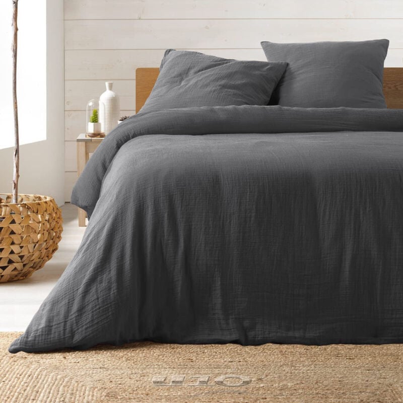 Promo Linge - Parure de lit en Gaze de Coton 240x260cm - 260x240cm - anthracite .