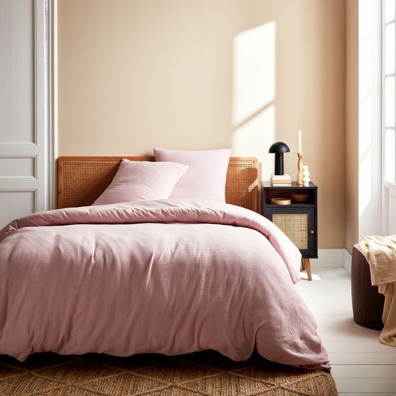 Sweeek - Parure de lit gaze de coton rose avec taie d'oreiller 260x240 cm