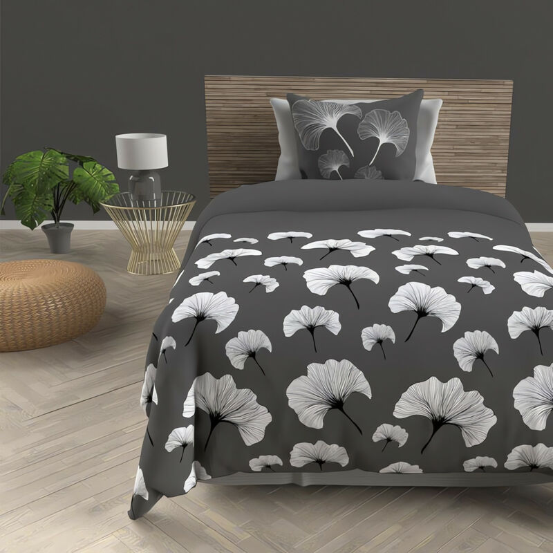 Parure housse de couette en coton 57 fils/cm2 140x200 cm ginkgo gris, par Soleil d'Ocre