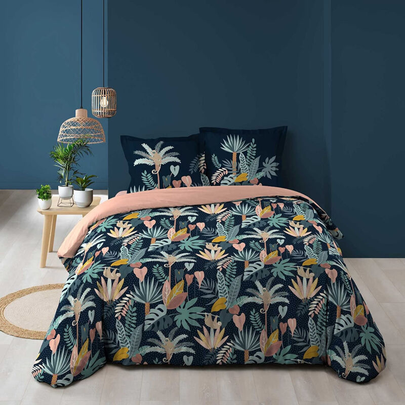 Housse de couette imprimée 260 x 240 cm + 2 taies 100% coton Guinea bleu