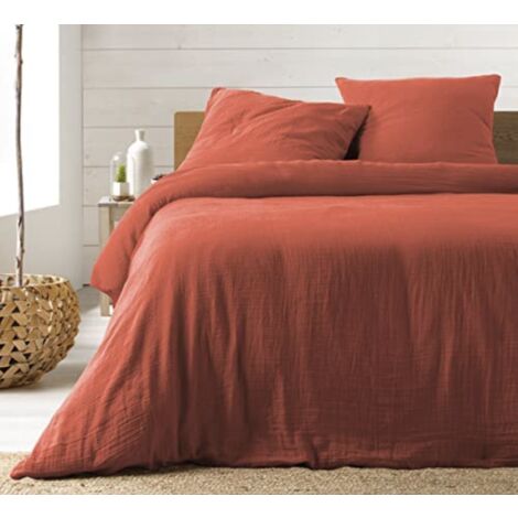 Parure de lit Housse de couette 2 personne + 2 taies d'oreiller en gaze de coton 240 x 260 cm coloris terracotta
