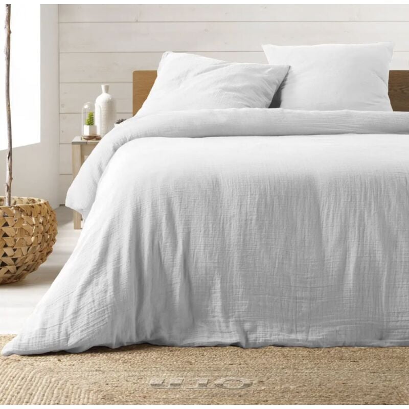 Parure de lit Housse de couette 2 personne + 2 taies d'oreiller en gaze de coton 240 x 220 cm coloris blanc