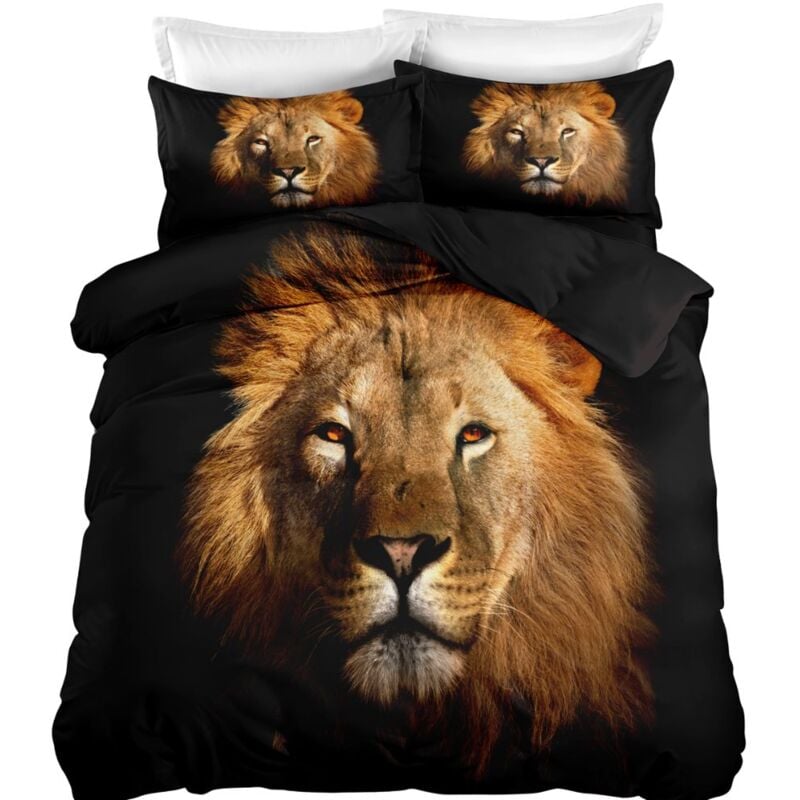 Ideko - Parure de lit Lion 220x240 cm 2 personnes 3D effet 3 pieces 1 housse de couette avec 2 taies d'oreillers 63x63cm