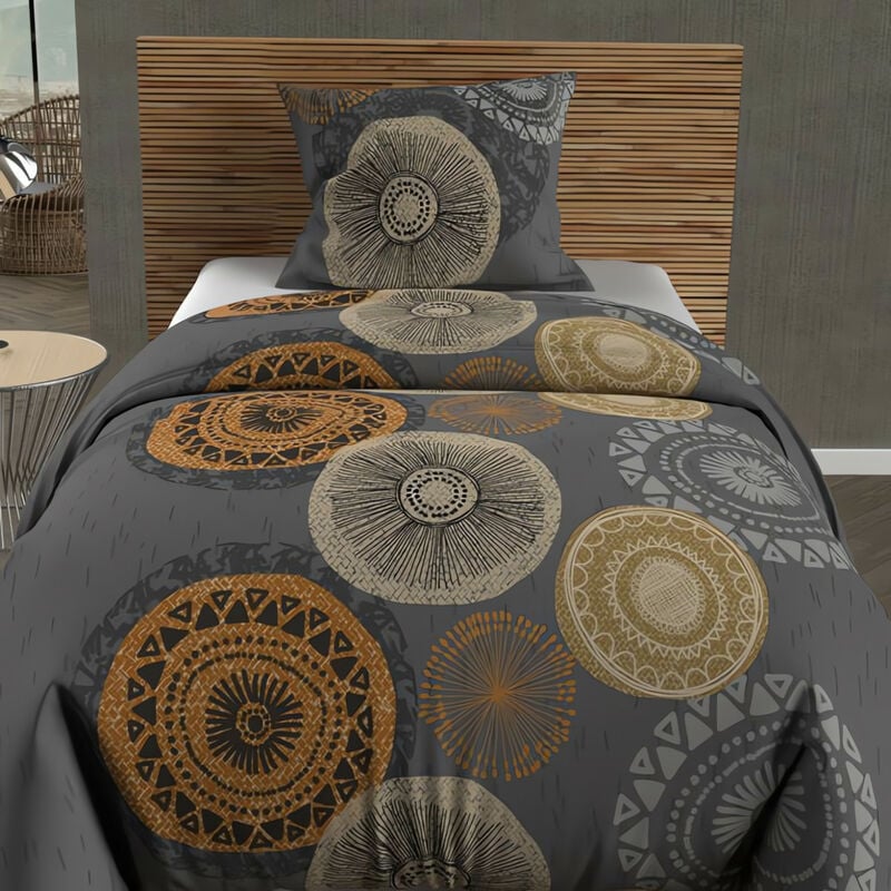Parure housse de couette coton 57 fils 140x200 cm massai gris, par Soleil d'Ocre