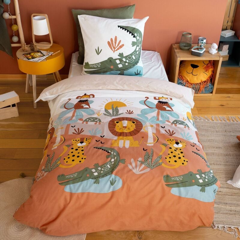 Parure de lit microfibre réversible imprimé savane 1 place 140 x 200cm. taie 63x63cm