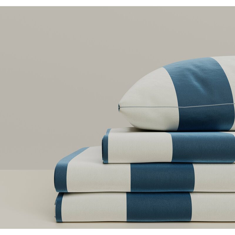 parure de lit mira satin de coton motif rayures 260x240cm - bleu marine et beige