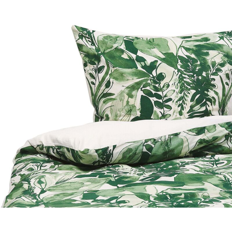Ensemble Housse de Couette et Taie d Oreiller Motif Feuillage en Coton Blanc et Vert 135 x 200 cm Pour Chambre d'Adulte Beliani
