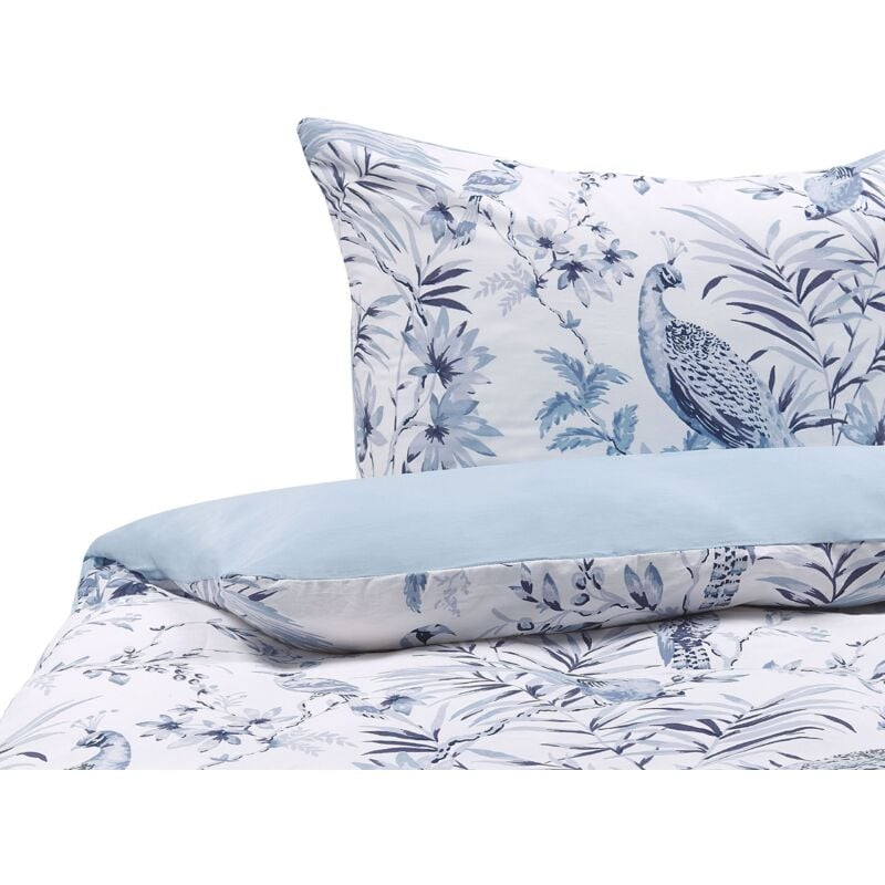 Beliani - Ensemble Housse de Couette et Taie d Oreiller Fleurie en Coton Bleu et Blanche 135 x 200 cm Pour Chambre d'Adulte